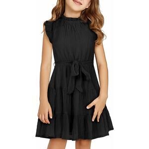 Blibean Girls XL (10/11Years) Black Short Sleeve Ruffled Lined Dress w Tie Belt